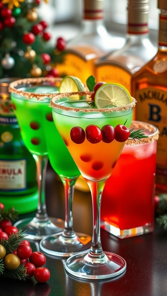 Festive tequila cocktails with cranberries and lime on a holiday-themed table.